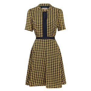 Louche Mustard & Blue Houndstooth Fit & Flare Dress Size 12 (UK)